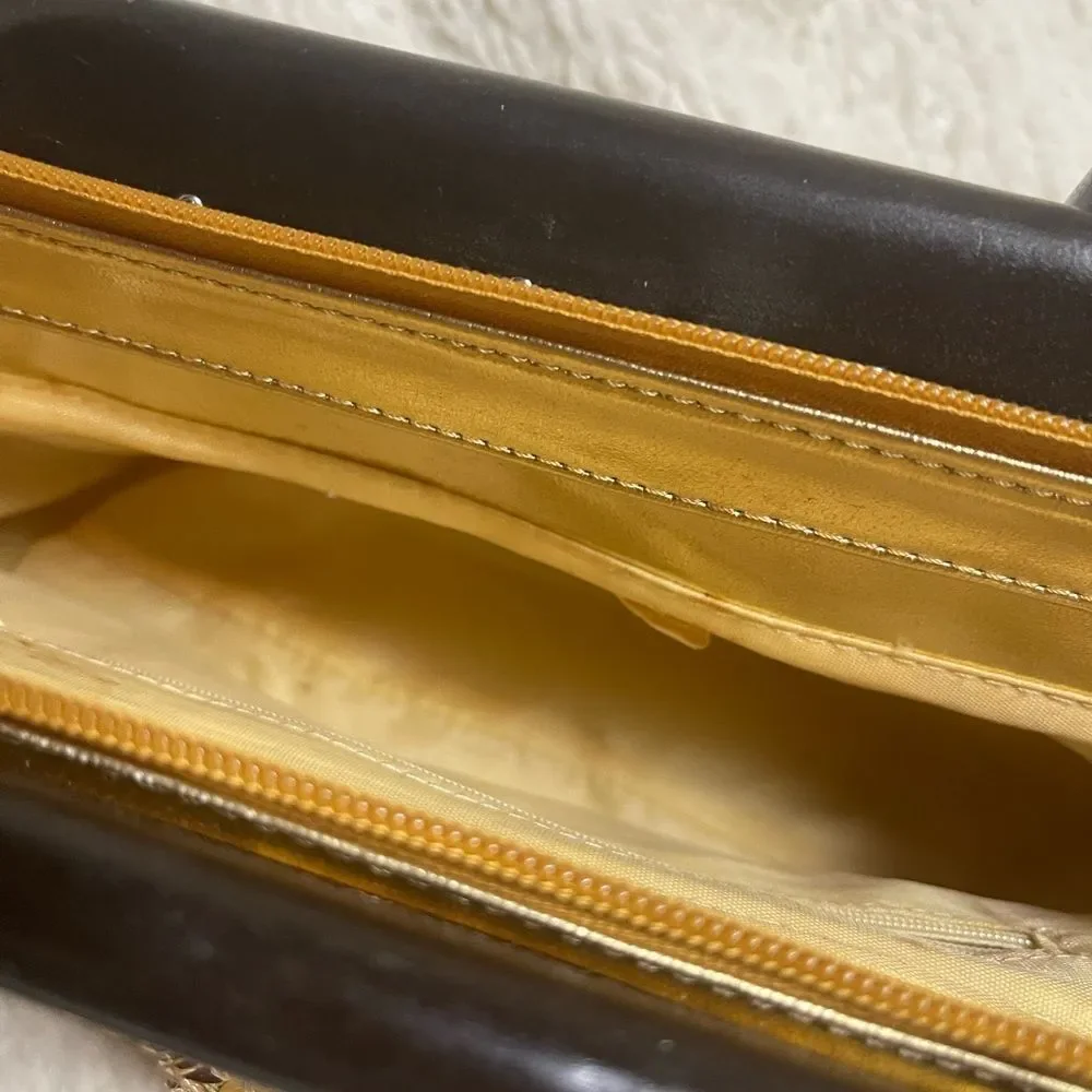 Gold Sequins with wooden black handles and frame handbag.